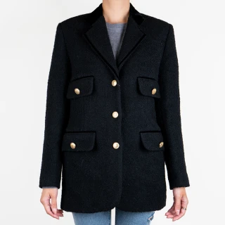 【SANDRO】金釦毛呢短版外套大衣(黑色)