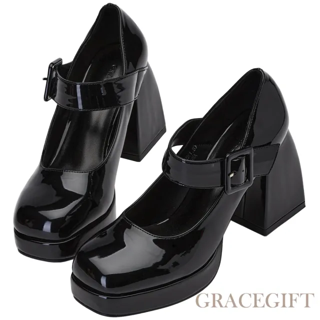 【Grace Gift】優雅方頭防水台高跟瑪莉珍鞋