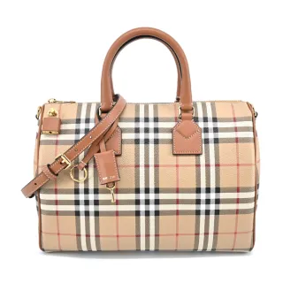 【BURBERRY 巴寶莉】經典格紋皮革中型手提/斜背包(石楠木棕色)