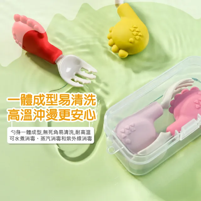 【寶寶吃飯】兒童短柄矽膠恐龍造型餐具組(訓練餐具 學習餐具 孩童湯匙 寶寶叉子 矽膠餐具 副食品)
