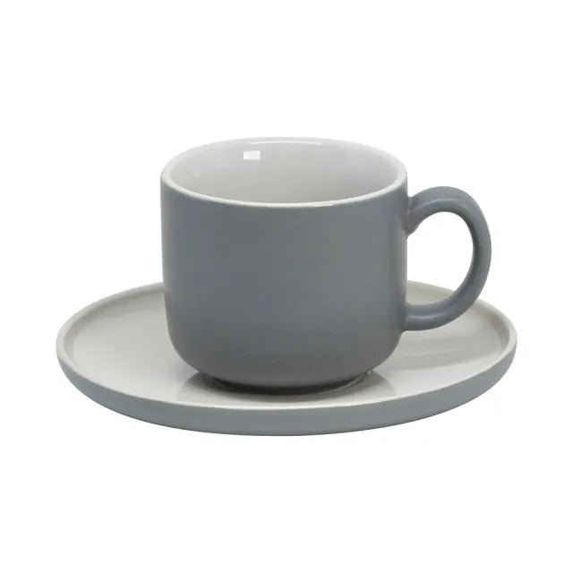 【YU Living 信歐傢居】莫蘭迪色系陶瓷咖啡杯盤 200ML(3色可選/藍.褐.灰色/咖啡杯碟 早餐杯)