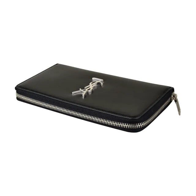 【YSL】YSL Classic經典銀字LOGO光滑小牛皮拉鍊長夾(黑)
