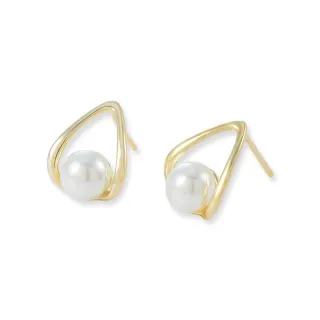 【Umi】925純銀針淡金色復古輕奢三角形珍珠造型耳環(日韓時尚潮流耳飾耳針耳墜耳釘)