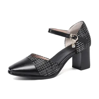 【MOM】真皮涼鞋 粗跟涼鞋 尖頭涼鞋/真皮千鳥格紋拼接小尖頭V口粗跟涼鞋(黑)