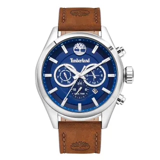 【Timberland】手錶 男錶 ASHMONT系列 兩地時間多功能腕錶 皮革錶帶-藍/深棕46mm(TBL.16062JYS/03)