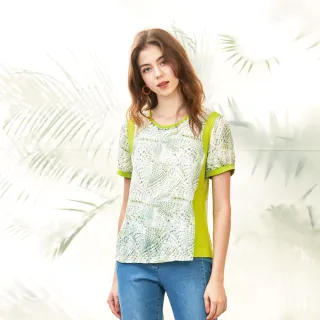 【MYSHEROS 蜜雪兒】雪紡上衣 圓領 珠鑽飾 亮眼配布(綠)