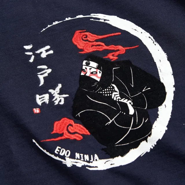 【EDWIN】江戶勝 女裝 忍者系列 伊賀忍者印花口袋厚長袖T恤(丈青色)