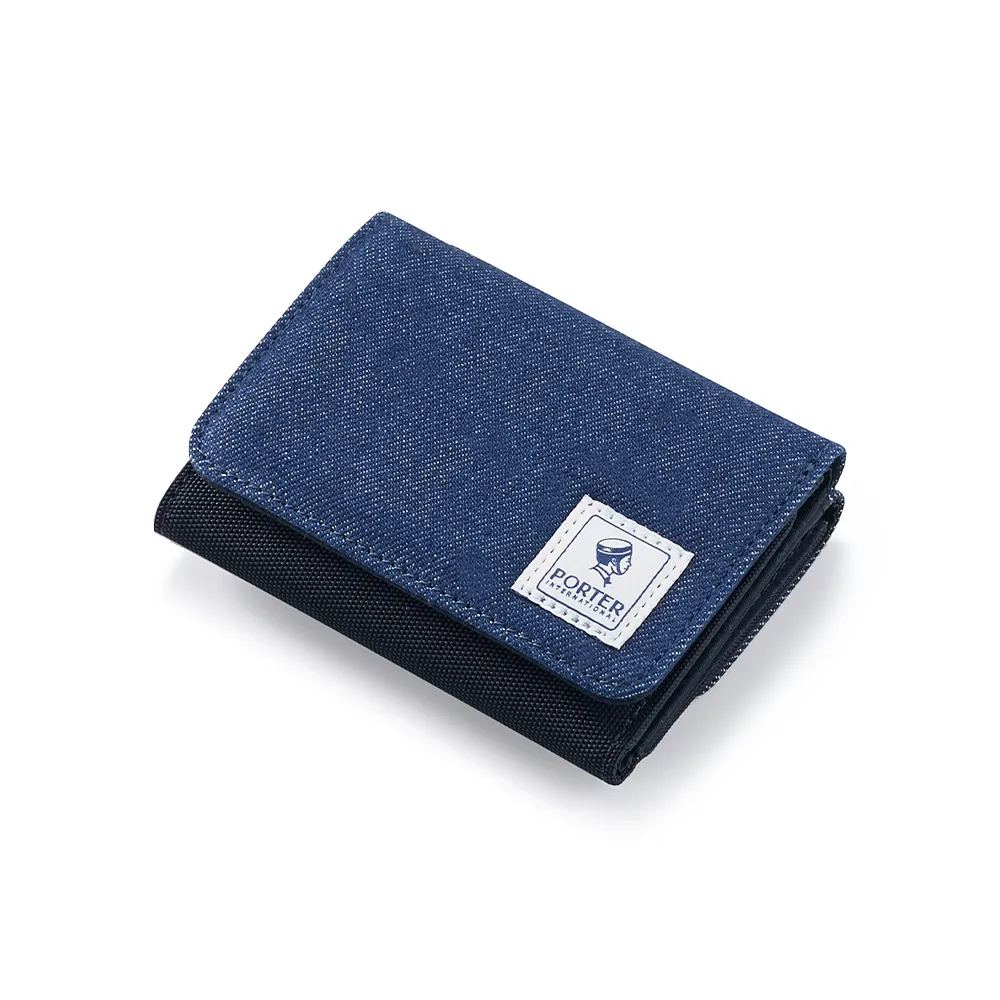 PORTER INTERNATIONAL】牛仔拼接PATCH WORK三折零錢短夾(深藍色 PORTER INTERNATIONAL】牛仔拼接PATCH WORK三折零錢短夾(深藍色