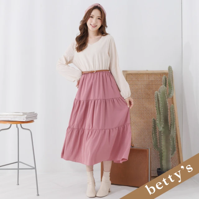 betty’s 貝蒂思 蕾絲拼接腰帶蛋糕洋裝(米色)