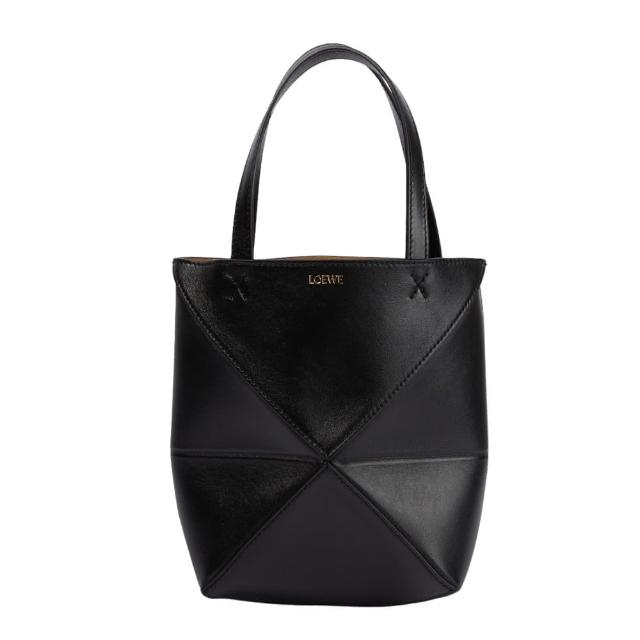 【LOEWE 羅威】Mini Puzzle Fold Tote 迷你 亮面小牛皮 折疊 托特包 肩背包 黑色