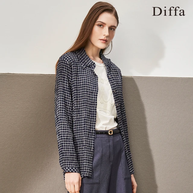 Diffa 藍白格緹花長版上衣-女