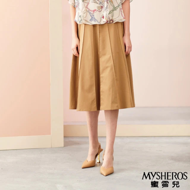 【MYSHEROS 蜜雪兒】中長裙 附腰帶 縫線摺紋 素色氣質滑順觸感(梨/駝)