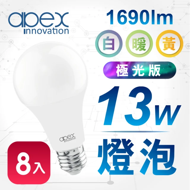 【APEX】13W高效能廣角LED燈泡 全電壓 E27  極光版(8入)