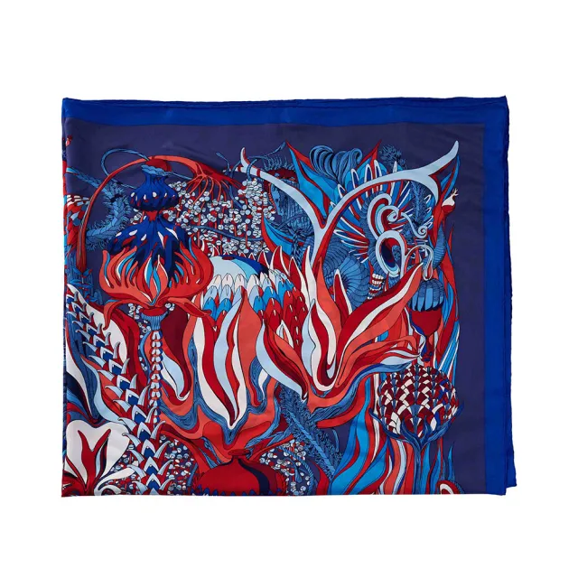 【Hermes 愛馬仕】Carre Geant Twill Plume羽飾慶典絲巾(多彩藍)