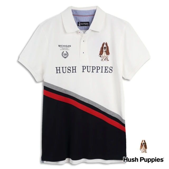 【Hush Puppies】男裝 POLO衫 斜剪接雙LOGO短袖POLO衫(白色 / 34101103)