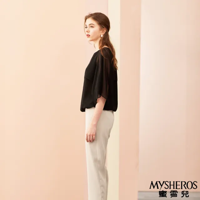 【MYSHEROS 蜜雪兒】圓領素色上衣 飄逸罩衫 鑽飾造型(黑)