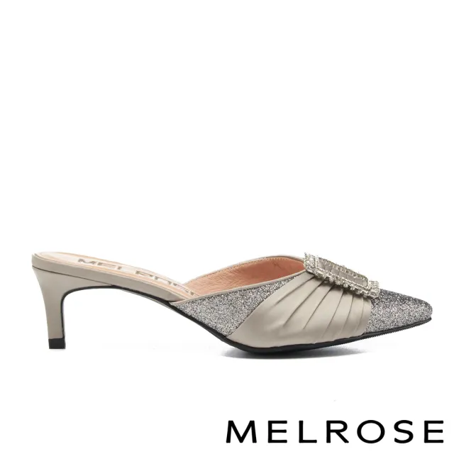 【MELROSE】璀璨閃耀奢華白鑽方釦尖頭高跟穆勒拖鞋(灰)