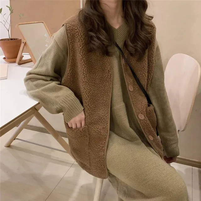 【D.studio】韓版復古仿羊羔毛背心外套(上衣女裝衣服外套背心毛毛外套 J153)