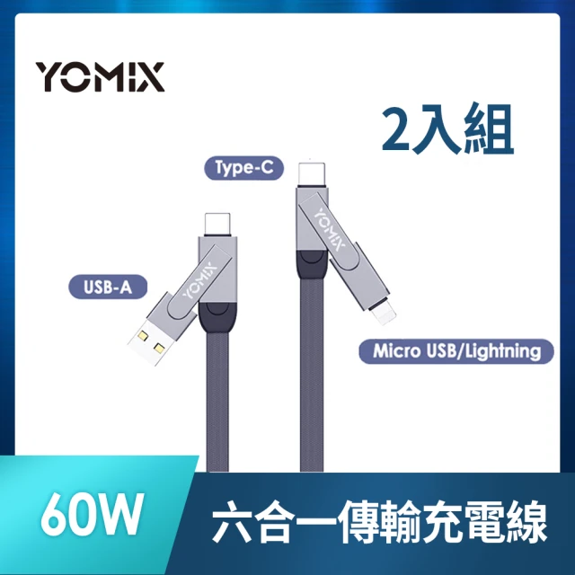 2入組【YOMIX 優迷】PD 60W Type-C 1.5M六合一編織極速傳輸充電線 (支援iphone15快充)