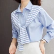 【MsMore】披肩條紋藍色襯衫設計感假兩件雪紡衫短版上衣#118711(藍)