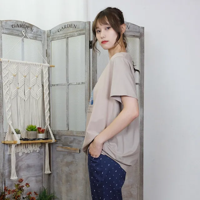 【Hana Mokuba】花木馬日系女裝面料拼接色塊印花休閒圓領T恤(T恤)