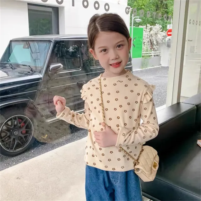 【安朵童舖】現貨韓版女童飛袖長袖上衣兒童薄款打底上衣波點上衣碎花加絨長袖上衣童裝(127/124)