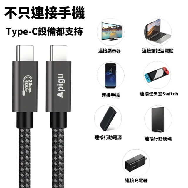 【Apigu】USB 3.2 Gen2 100W 20Gbps 多功能急速充電線/傳輸線/數據線(Type-C公對公 耐用編織線1M)
