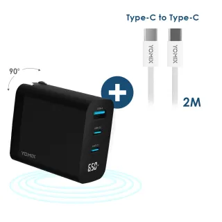 【YOMIX 優迷】65W GaN氮化鎵USB-C PD/QC3.0三孔功率顯示充電器+C to C 60W編織充電線2M(支援iphone15快充)