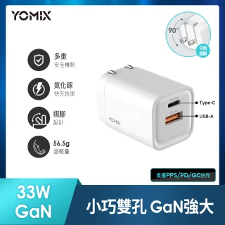 【YOMIX 優迷】33W GaN氮化鎵PPS/PD/QC雙孔快充可折疊充電器(支援iphone15快充)