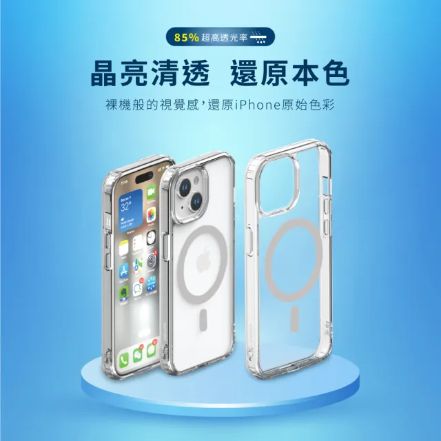 【Philips 飛利浦】iPhone 15系列 磁吸式透明防摔強化保護殼-銀(支援MagSafe)