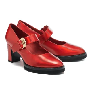 【AS 集團】復古時髦鏤空LOGO金屬牛皮瑪莉珍高跟鞋(紅)