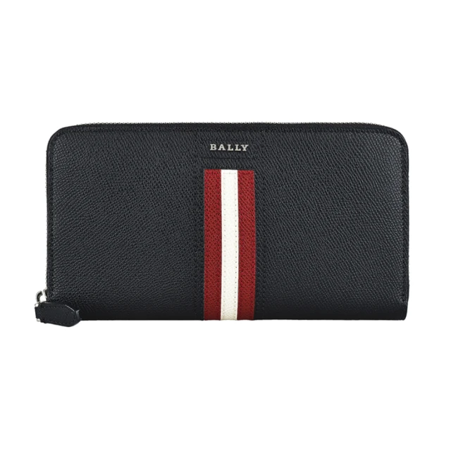 BALLY BALLY立體字母LOGO紅白線條防刮牛皮12卡拉鍊長夾(黑x紅白條紋)