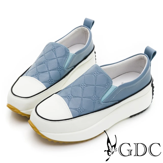 GDC 真皮幾何格紋撞色舒適厚底休閒懶人鞋-淺藍色(3104