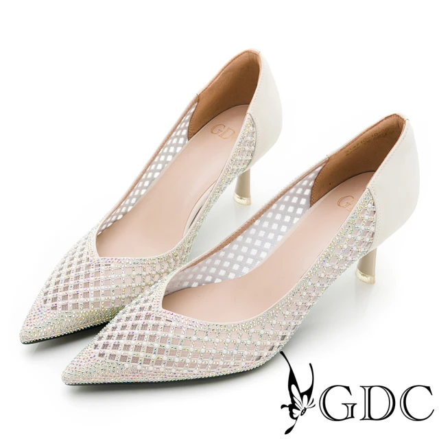 GDCGDC 宴會水鑽菱格簍空尖頭中跟新娘鞋-米色(314710-10)