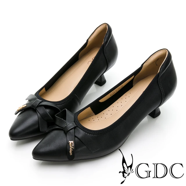 GDCGDC 溫柔婉約尖頭素色蝴蝶結低跟上班包鞋-黑色(310412-00)