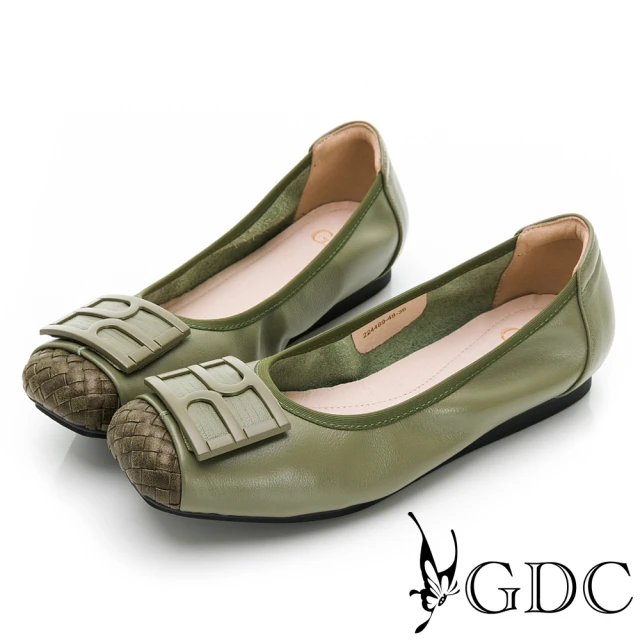 GDC 氣質風蝴蝶結飾釦真皮圓頭平底包鞋-淺藍色(22449