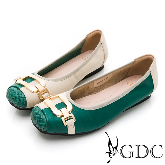 GDC 氣質風蝴蝶結飾釦真皮圓頭平底包鞋-粉色(224496