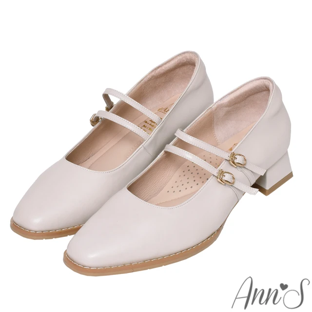 Ann’S 高訂綿羊皮-雙層細帶 粗低跟瑪莉珍鞋3cm(米白)