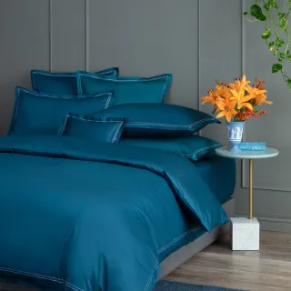 【WEDGWOOD】500織長纖棉Solid Color簡約系列星點繡款 鬆緊床包-深海藍(雙人)