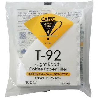 【CAFEC】日本三洋產業CAFEC T92 淺焙專用錐形咖啡濾紙 2-4杯份/100張/白色(LC4-100W)