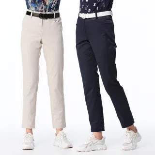 【Lynx Golf】女款日本進口布料彈性吸排速乾脇邊剪裁貓頭繡花造型口袋窄管長褲(二色)