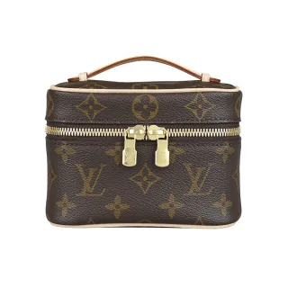 【Louis Vuitton 路易威登】LV Nice Nano印花紋LOGO Monogram帆布雙拉鍊頭手提化妝箱(迷你/棕褐)