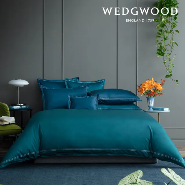 【WEDGWOOD】500織長纖棉Solid Color簡約系列星點繡款 鬆緊床包-雲杉綠(雙人)