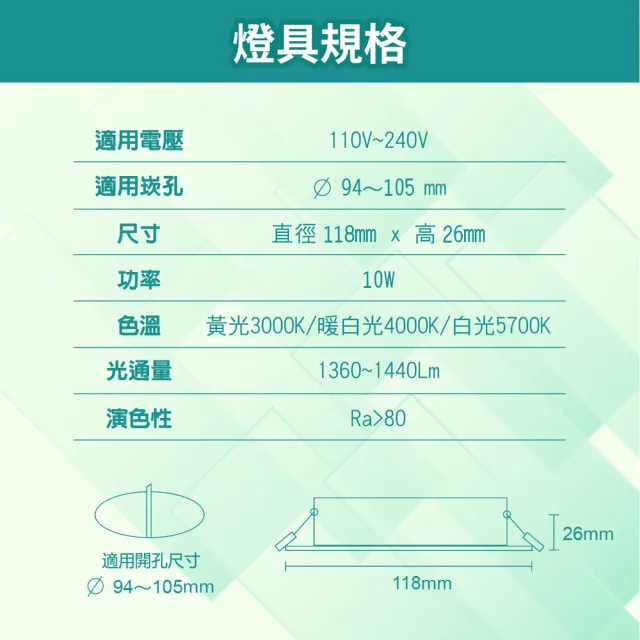 【青禾坊】好安裝系列 歐奇OC 10W LED 可調三色溫-4入(TK-AEG002 牆壁開關直接切換 壁切崁燈)