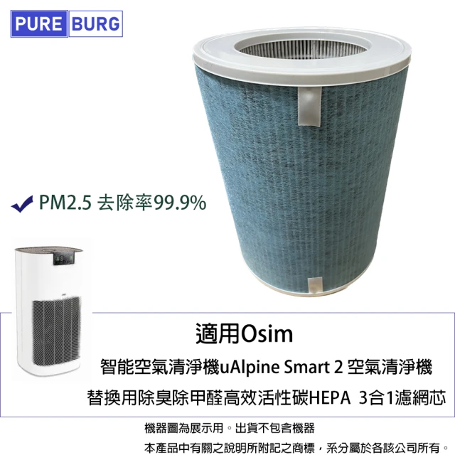 PUREBURG 適用Osim智能空氣清淨機uAlpine Smart 2空氣清淨機 副廠替換用3合1活性碳HEPA濾網