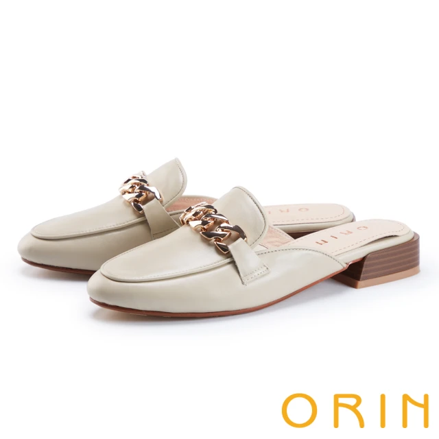 ORIN 率性鍊條真皮低跟穆勒鞋(米色)