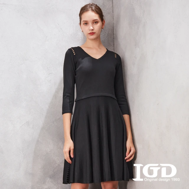 IGD 英格麗 網路獨賣款-簡約素雅V領鏤空針織連身裙/洋裝(黑色)