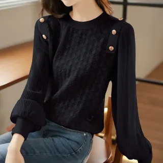 【ONEY 歐妮】★蕾絲雪紡網紗拼接針織上衣(寬袖/純色/圓領)