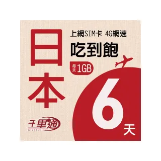 【千里通】日本上網卡6日6GB 上網吃到飽(日本網卡 6天6G  4G網速 支援分享 吃到飽上網SIM卡)