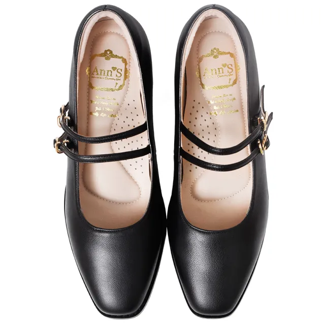 【Ann’S】高訂綿羊皮-雙層細帶 粗低跟瑪莉珍鞋3cm(黑)
